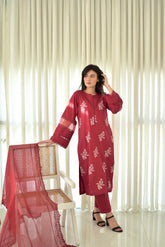 JENIFER : MaroonEMBROIDED 3-PC